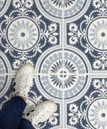 Close-up of Blue Ezra Vinyl Peel And Stick Floor Tiles 12x12 In Set Of 10 Tiles 10 Sq Ft Per Carton Retro Vintage Art Deco Medallions