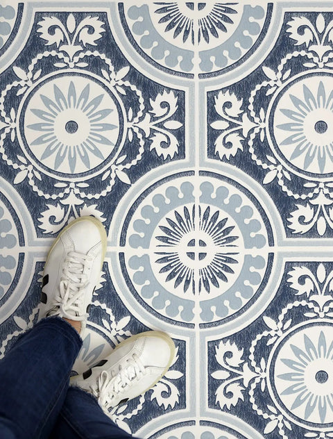 Close-up of Blue Ezra Vinyl Peel And Stick Floor Tiles 12x12 In Set Of 10 Tiles 10 Sq Ft Per Carton Retro Vintage Art Deco Medallions