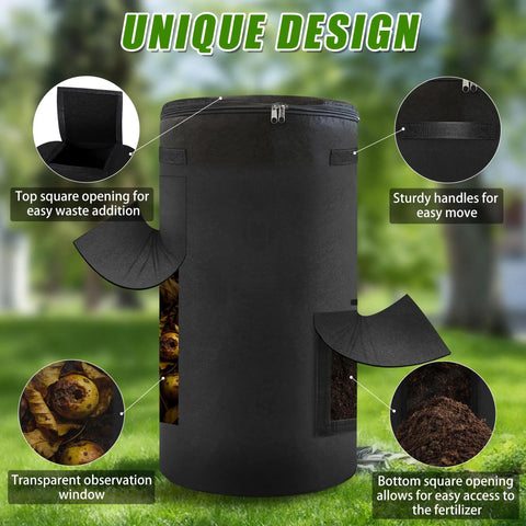 34 Gallon Outdoor Compost Bin With Handles And Observation Windows, Thickened Breathable Foldable Design For Easy Garden Yard Recycling, Home Compost Bucket, No Mess And Durable Black 1 Pack, showing features like top opening, handles, and observation window.