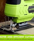Badass 12V Cordless Jigsaw Kit with 10 Durable Alternating Teeth Blades, cutting wood at high speed.
