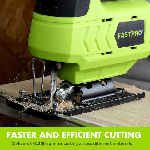 Badass 12V Cordless Jigsaw Kit with 10 Durable Alternating Teeth Blades, cutting wood at high speed.