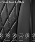 Dope Faux PU Leather Front Seat Covers For SUVs Vans And Trucks, close-up of all black diamond stitch with water droplets