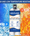 Instant Fuel And Water Tank Repair Adhesive Kit 85g Waterproof High Temp Bond For Cars Motorcycles Trucks And Solar Heaters No Leak Easy DIY Fix Fast Set with temperature symbols -50°C to 180°C on package and fire and ice background