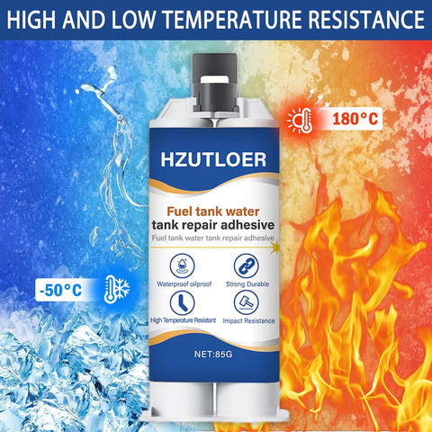 Instant Fuel And Water Tank Repair Adhesive Kit 85g Waterproof High Temp Bond For Cars Motorcycles Trucks And Solar Heaters No Leak Easy DIY Fix Fast Set with temperature symbols -50°C to 180°C on package and fire and ice background