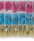 Assorted pink, blue, and yellow insulated heat shrink butt connectors from Self Adjusting Ratchet Ferrule Crimping Tool Kit