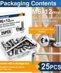 Top Shelf 25 Pack M6 X 12 Button Head Socket Cap Screws Full Machine Thread Durable 304 Stainless Steel in storage box.