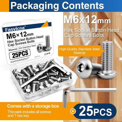 Top Shelf 25 Pack M6 X 12 Button Head Socket Cap Screws Full Machine Thread Durable 304 Stainless Steel in storage box.