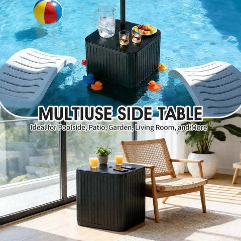 Outdoor Umbrella Side Table With Hole 2 In 1 Square Patio Table For Poolside And Deck Includes 15.9 Gallon Fillable Base