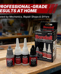 Instant Bonding Adhesive Repair Kit 4 Piece Set With Two Glue Bottles and Plastic Metal Reinforcing Powders on woodworking bench