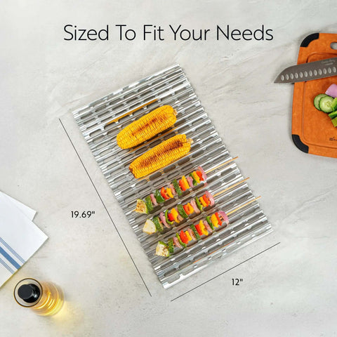 Foil Lux Disposable Grill Liners 19.7 By 12 Inch Nonstick Aluminum Grill Sheets for easy cleanup, shown with food and measurement dimensions.