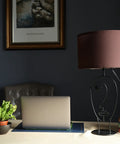 Industrial Farmhouse Table Lamps Set Of 2 Black Finish With Brown Fabric Shades in a modern office setting with laptop