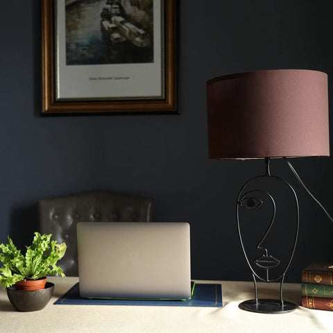 Industrial Farmhouse Table Lamps Set Of 2 Black Finish With Brown Fabric Shades in a modern office setting with laptop