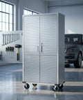 Heavy-Duty Metal Storage Cabinet With Four Shelves And Locking Doors Mobile Rolling Design For Garage Warehouse And Studio Stainless Steel Tool Organizer With Adjustable Feet And Built To Last Rugged Wheels in garage with locking doors and wheels
