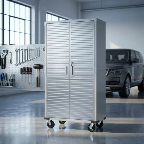 Heavy-Duty Metal Storage Cabinet With Four Shelves And Locking Doors Mobile Rolling Design For Garage Warehouse And Studio Stainless Steel Tool Organizer With Adjustable Feet And Built To Last Rugged Wheels in garage with locking doors and wheels