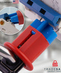 Close-up of Pro Grade 3 Pack Pin In Circuit Breaker Lockout Device for half inch breaker holes, showing locking mechanism.