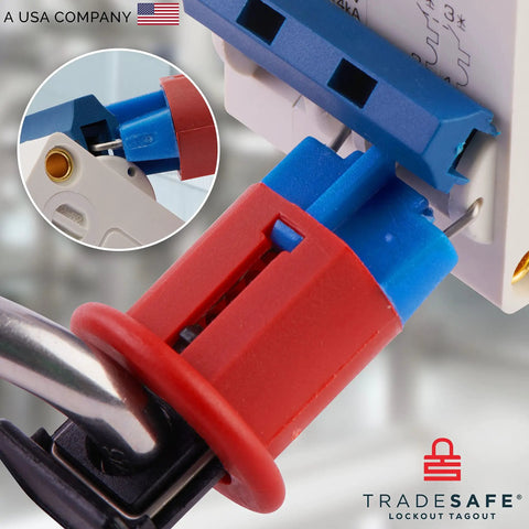 Close-up of Pro Grade 3 Pack Pin In Circuit Breaker Lockout Device for half inch breaker holes, showing locking mechanism.