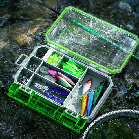 Waterproof Fishing Tackle Box With 3600 And 3700 Trays, Removable Dividers, Deep Lure And Terminal Tackle Organizer, open view