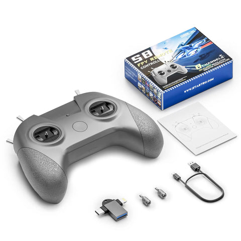 Beginner Drone Simulator Controller With USB C Cable And OTG Adapter For iPhone And Android, FPV Practice Tool, accessories shown