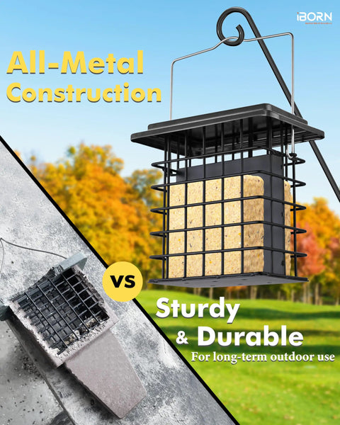 Double Suet Feeder For Outdoors Weatherproof All Metal Cage With Taller Grid Perch For Woodpeckers Easy To Clean And Refill Durable Black Bird Feeder For Outdoor Yards And Gardens