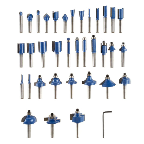 35 Piece Router Bits Set Carbide Woodworking Kit For DIY Home Improvement includes Allen wrench and carbide bits displayed