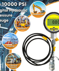 Heavy Duty 10000 PSI Digital Hydraulic Pressure Test Kit With Gauge, hoses, and connectors shown with usage in industries.