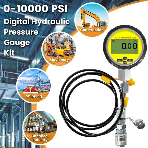 Heavy Duty 10000 PSI Digital Hydraulic Pressure Test Kit With Gauge, hoses, and connectors shown with usage in industries.