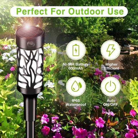 Solar Powered Outdoor Lights For Yard And Garden Black LED Path Lights Waterproof And Weatherproof No Fuss Setup Auto On At Dusk Energy Saving Night Lighting For Patio Walkway And Porch showcasing decorative design and solar panel.