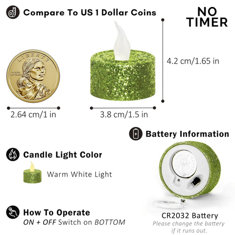 Green Glitter Flameless Tealight Candles 1.5 Inch By 1.65 Inch, Warm White LED Flicker, 12 Pack With Batteries Included, size shown