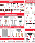 All In One 699 Piece Rotary Tool Accessories Kit with labeled sanding, polishing, grinding, carving, and drilling bits.