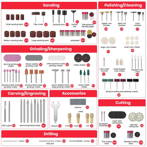 All In One 699 Piece Rotary Tool Accessories Kit with labeled sanding, polishing, grinding, carving, and drilling bits.