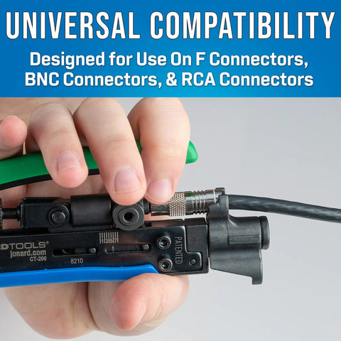 Universal Dual Head Coaxial Compression Tool for F BNC and RCA Connectors in use on coax cable with hands.