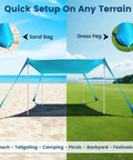 10 X 10 Ft Beach Canopy Sun Shelter With UPF50 Plus UV Protection set up on beach and grass terrain with sandbags and pegs.