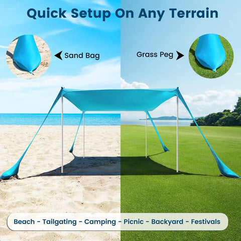 10 X 10 Ft Beach Canopy Sun Shelter With UPF50 Plus UV Protection set up on beach and grass terrain with sandbags and pegs.