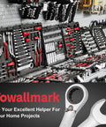 Wall display of tools with Towallmark 12 Piece Metric Ratchet Wrench Set with Two-Way Reversible 72-Tooth Heads, Cr-V Steel.