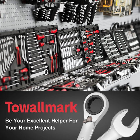 Wall display of tools with Towallmark 12 Piece Metric Ratchet Wrench Set with Two-Way Reversible 72-Tooth Heads, Cr-V Steel.