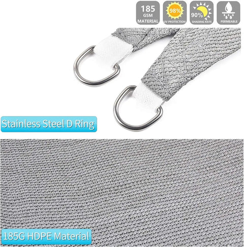 Close-up of Rectangle Sun Shade Sail 10 Feet By 13 Feet With UV Protected Breathable Fabric and Hardware Kit showing stainless steel D rings and 185 GSM material.