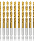 10 Pack One Quarter Inch Titanium Coated Twist Hex Shank Drill Bit Set With 135 Degree Tip HSS Impact Grade For Metal Aluminum Steel Wood Plastic Quick Change Design Includes Durable Storage Case