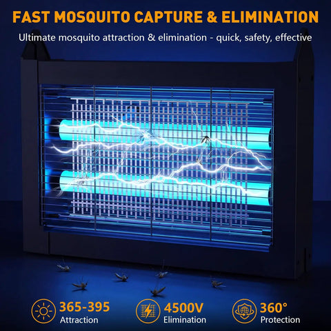 Cordless Solar Bug Zapper Outdoor 4500V with Dual Solar Panels, blue LED lights, attracts and eliminates mosquitoes in backyard.