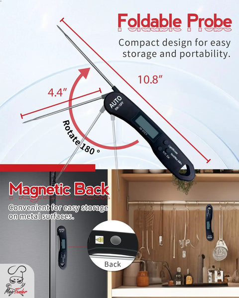 Fast Read Meat Thermometer For Grill Masters And Home Cooks with 4.4 inch foldable probe and magnetic back displayed in kitchen