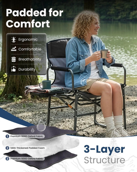 Person sitting on Oversized Camping Directors Chair With Side Table by a lake, showing padding details and comfort features.