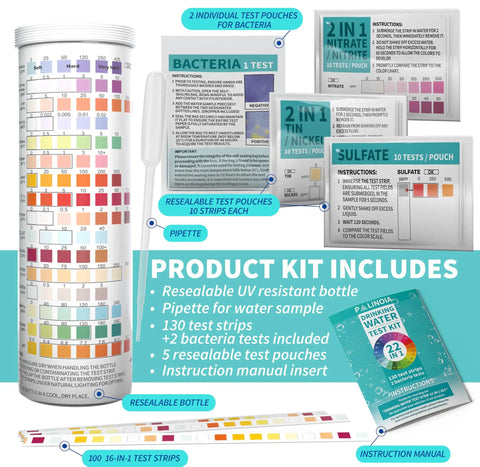 22 In 1 Water Test Kit With 130 Strips For Well Tap Pool And Spa Testing Fluoride Lead Hardness Chlorine Iron Copper And More No Hassle Easy At Home Water Analysis For Safer Drinking And Everyday Use, showing test strips, resealable bottle, pipette, and instruction manual.