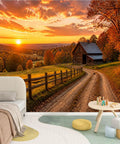 No Sweat Peel And Stick Wall Murals Featuring Rustic Barn Sunset Autumn Print Self Adhesive Vinyl Removable Stickers For Boys Girls Bedrooms Easy Room Refresh Makeover in a cozy kids room with a rural scenic view.