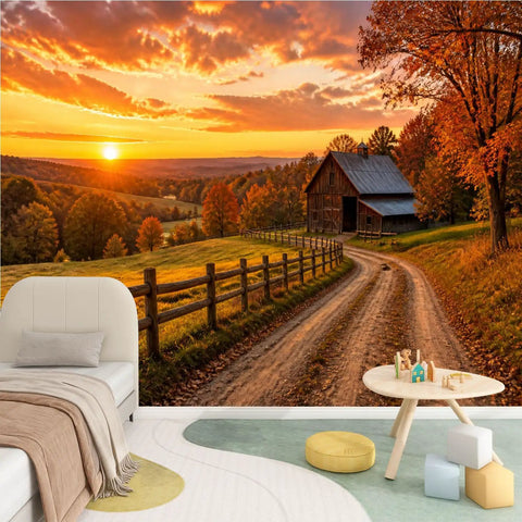 No Sweat Peel And Stick Wall Murals Featuring Rustic Barn Sunset Autumn Print Self Adhesive Vinyl Removable Stickers For Boys Girls Bedrooms Easy Room Refresh Makeover in a cozy kids room with a rural scenic view.