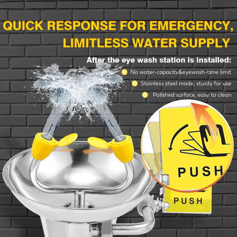 Must Have Wall Mounted Eyewash Station That Is OSHA Approved Emergency Eye Wash With Stainless Steel Bowl showing water flow