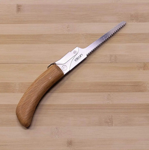 Japanese Keyhole Saw With Coarse Teeth For Lightning Fast Curved Cuts, crafted around a sturdy red oak grip, 4 inch blade.