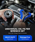 Two Piece Oil Filter Wrench Set With Adjustable Jaw For 2.5-4 Inch And 2.7-5.1 Inch Filters, Keeps A Tight No Slip Grip, Fits Half Inch And Three Eighth Inch Drive, Universal Oil Change Tools For Cars Trucks And Motorcycles in use on an oil filter.