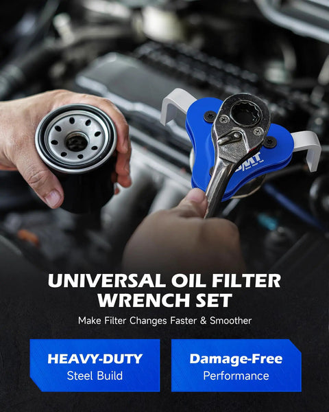 Two Piece Oil Filter Wrench Set With Adjustable Jaw For 2.5-4 Inch And 2.7-5.1 Inch Filters, Keeps A Tight No Slip Grip, Fits Half Inch And Three Eighth Inch Drive, Universal Oil Change Tools For Cars Trucks And Motorcycles in use on an oil filter.