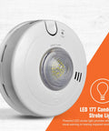 Hardwire Smoke Alarm With 10 Year Battery Backup And Strobe Light Wielding Precision Detection To Dodge Nuisance Cooking Alarms And Bring Big Time Safety To Your Pad With Zero Hassle And No More Battery Changes Or Grumbling Ever, showing LED strobe light and test button.