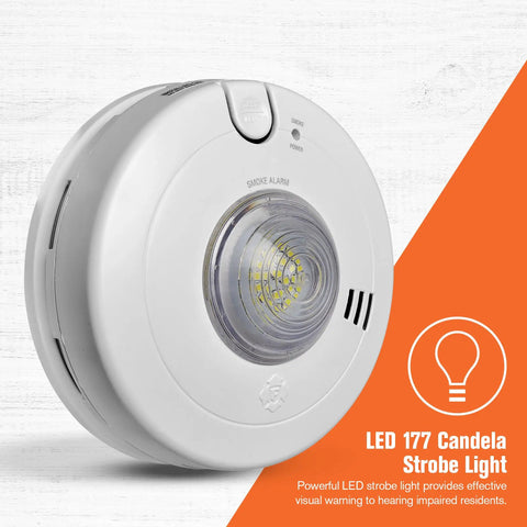 Hardwire Smoke Alarm With 10 Year Battery Backup And Strobe Light Wielding Precision Detection To Dodge Nuisance Cooking Alarms And Bring Big Time Safety To Your Pad With Zero Hassle And No More Battery Changes Or Grumbling Ever, showing LED strobe light and test button.