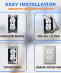 Installation steps of Go-To Wall Plate Spacer Kit Ten Pack Metal Leveling Plates for single gang box alignment and securing flush fit.